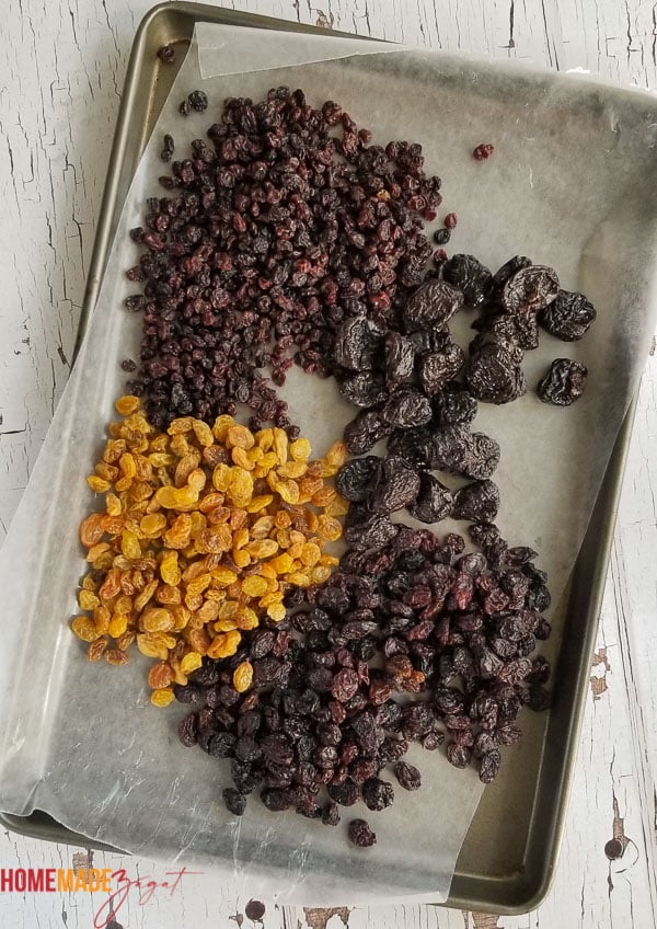 A tray of currants, raisins, sultanas, prunes before they go to grind with the rum and cherry brandy.
