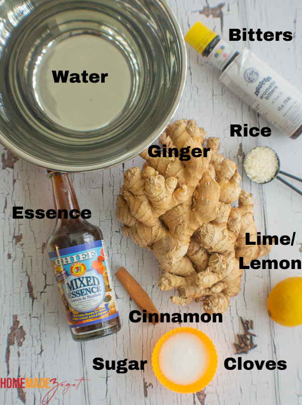 Ingredients for making ginger beer, water, ginger, limes, cloves, cinnamon