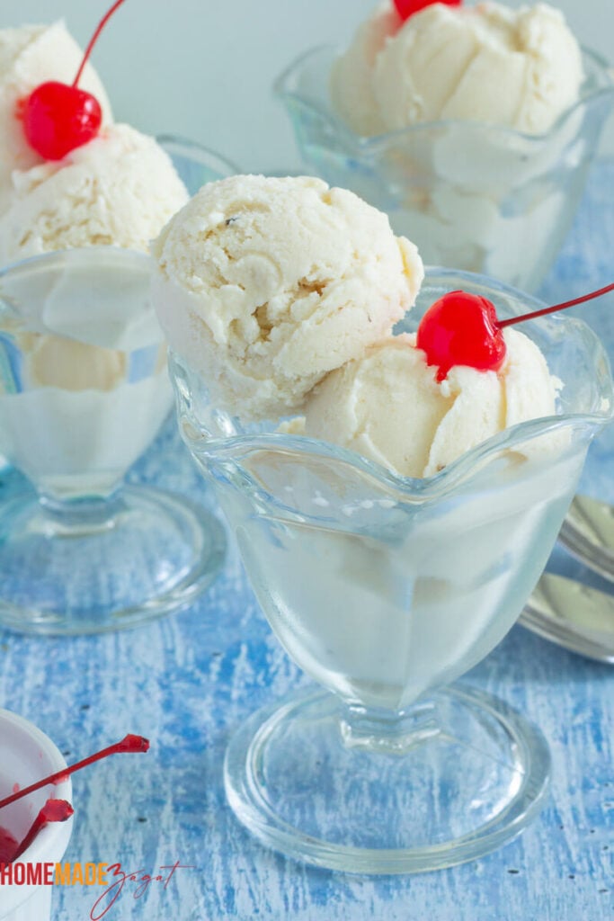 Closeup of scoops of ice cream in a glass