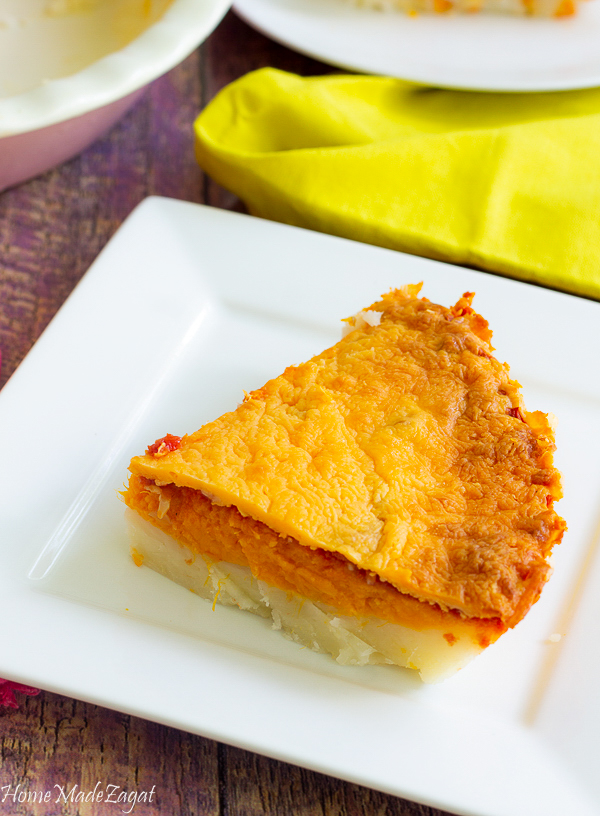 Slice of ground provision casserole of yucca and sweet potato