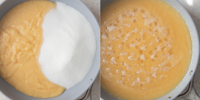 Guava puree and sugar in a pot then what it looks like when the sugar has melted.