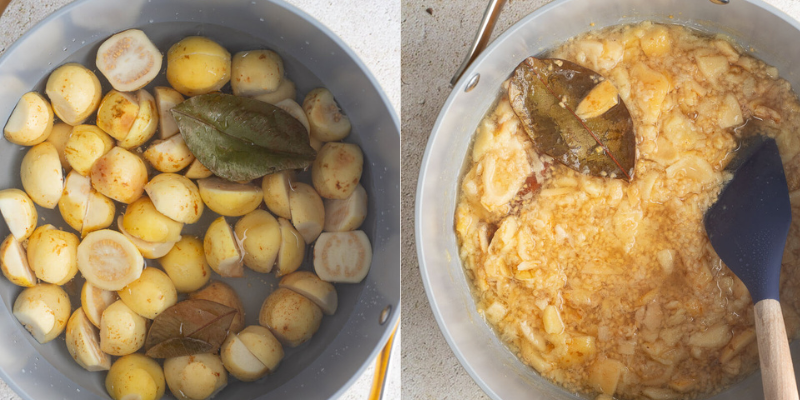 What the guavas look like when they are about to be boiled and what they look like after they were boiled.