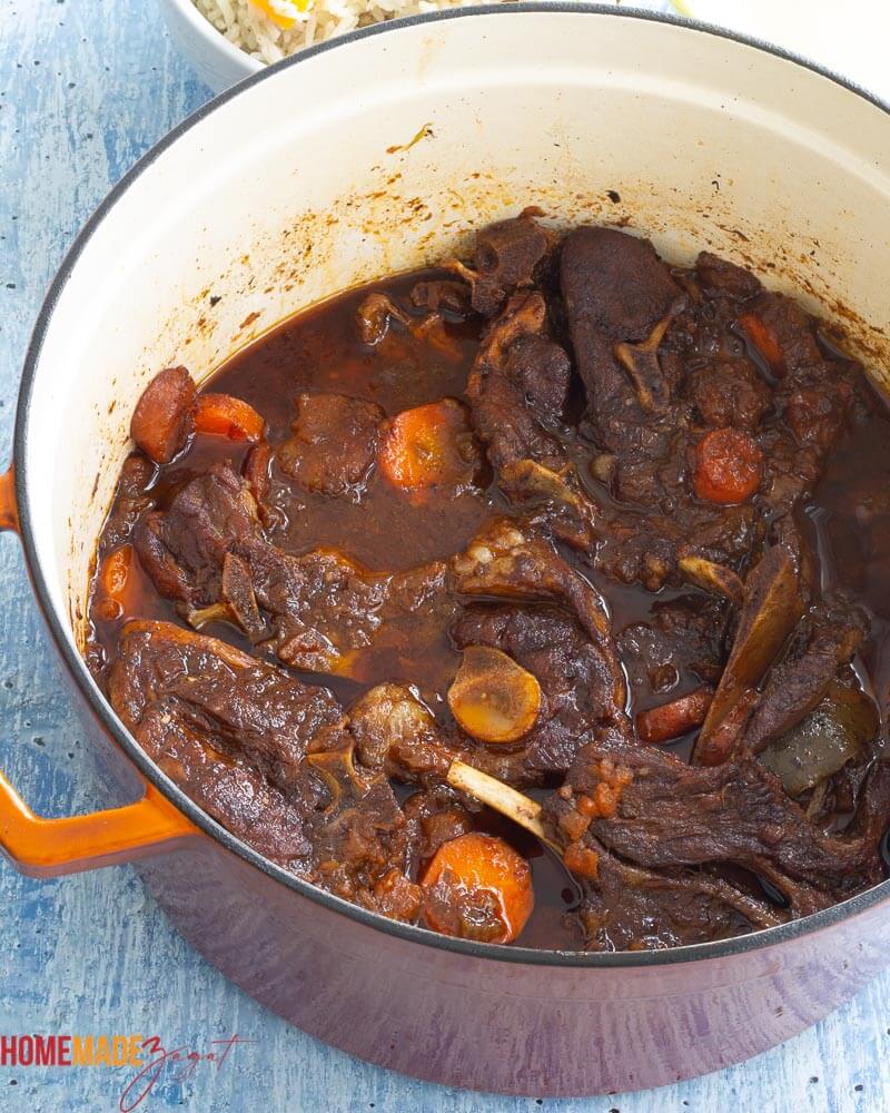 Finished Guinness lamb stew in a dutch pot