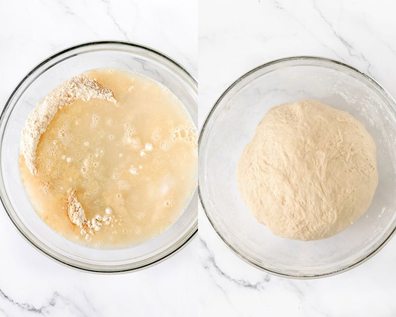 Mixing the dry ingredients for the bread with the wet ingredients to create a sticky dough ball.