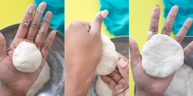Shaping out boiled dumplings from a dough ball into a flat disc.