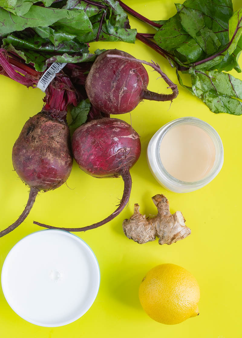 Ingredients needed to make beet juice and beetroot punch.