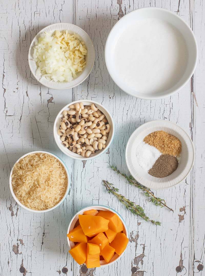 Portioned out ingredients for making a one pot cook-up for black eyed peas and rice
