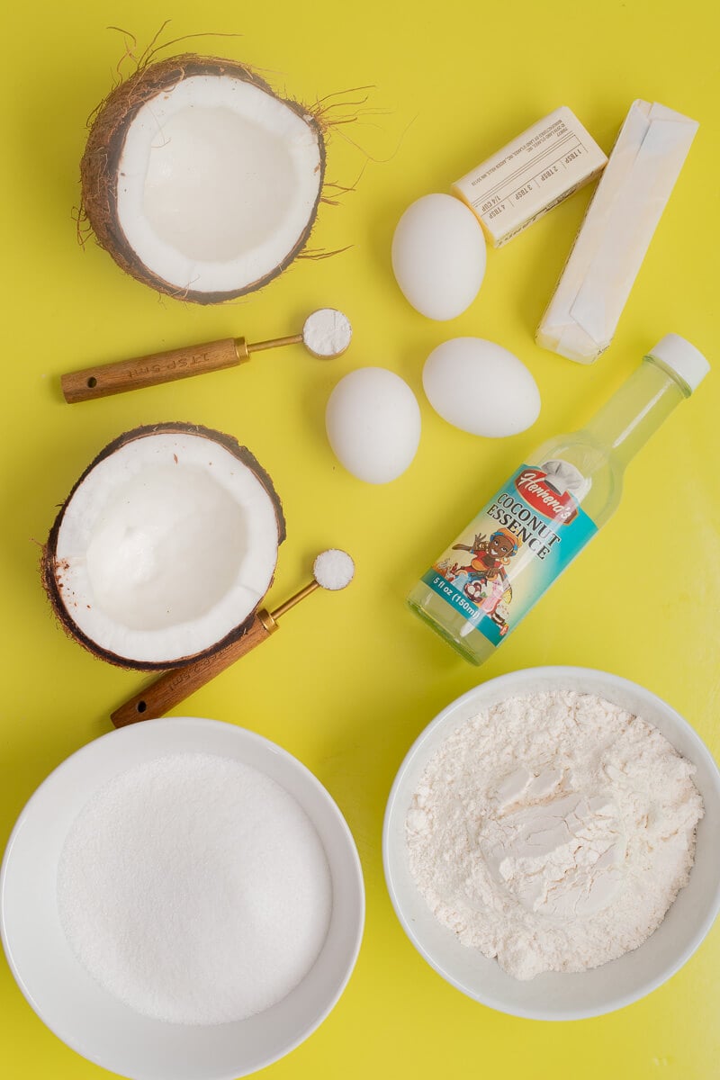Ingredients needed to make a moist coconut cake.