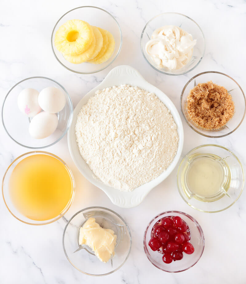 Ingredients for making pineapple upside down loaf cake.