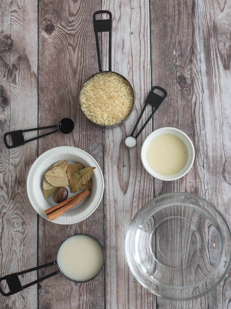 The ingredients needed to make Jamaican rice porridge portioned out as needed.