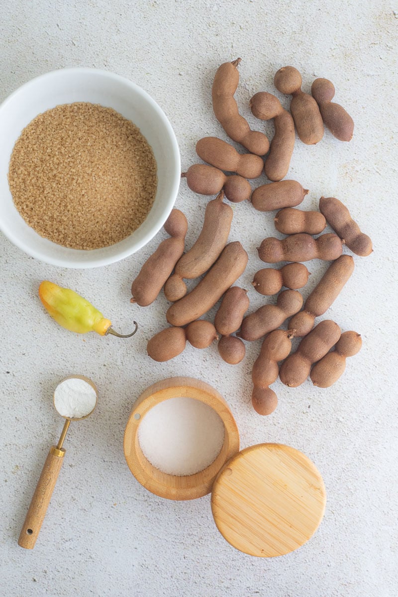 Ingredients needed to make tamarind balls.