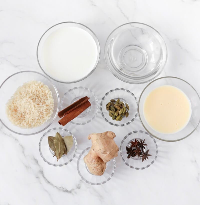 Ingredients laid out to make Trini rice pudding.
