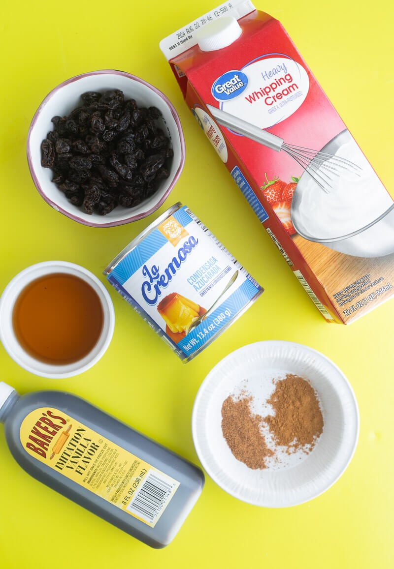 Ingredients used to make rum and raisin ice cream.