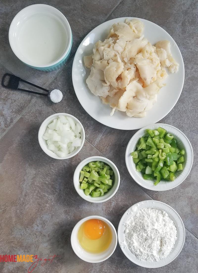 Ingredients needed to make delicious Bahamian style conch fritters.