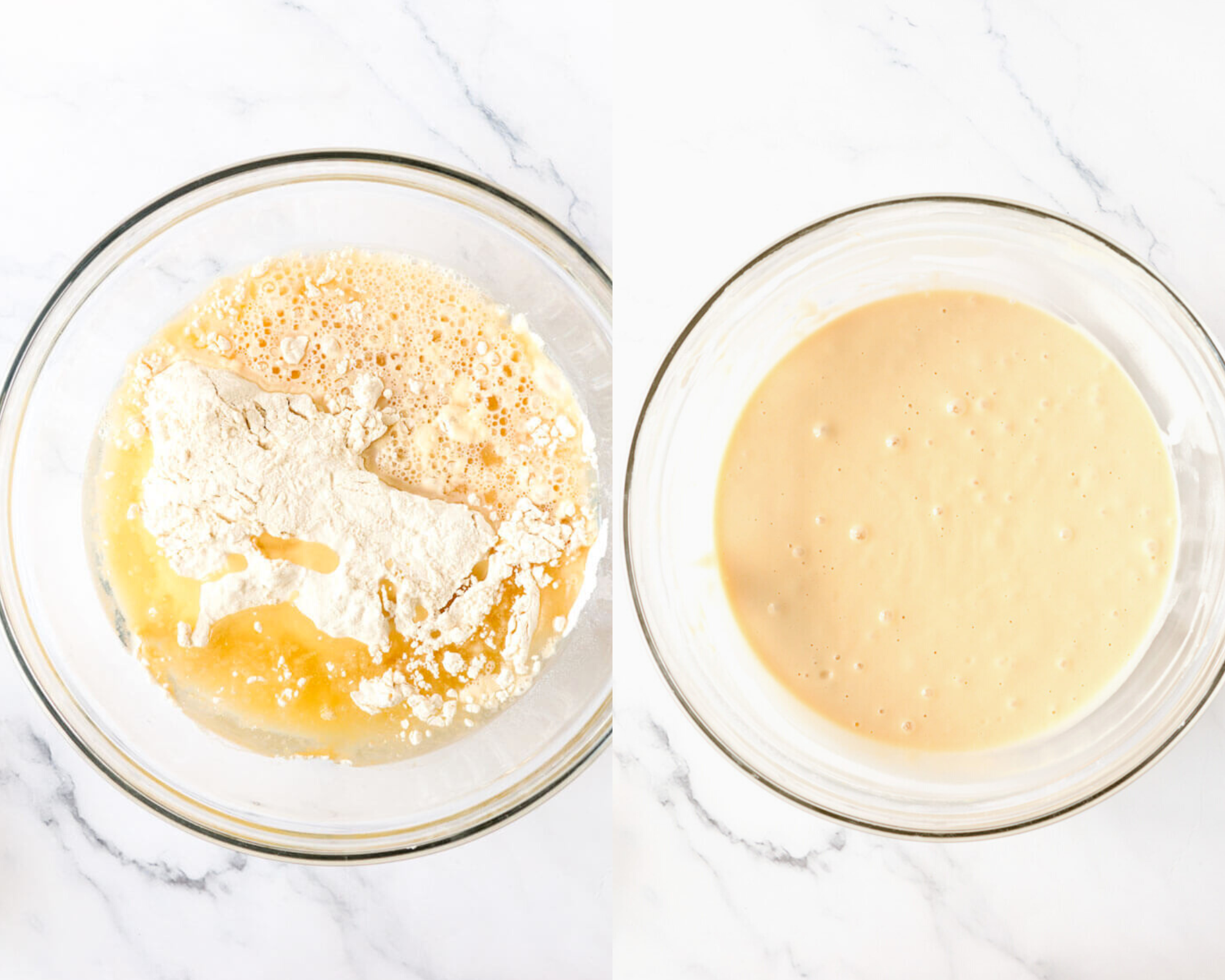 Two images of the wet and dry ingredients then another picture with the combined batter.