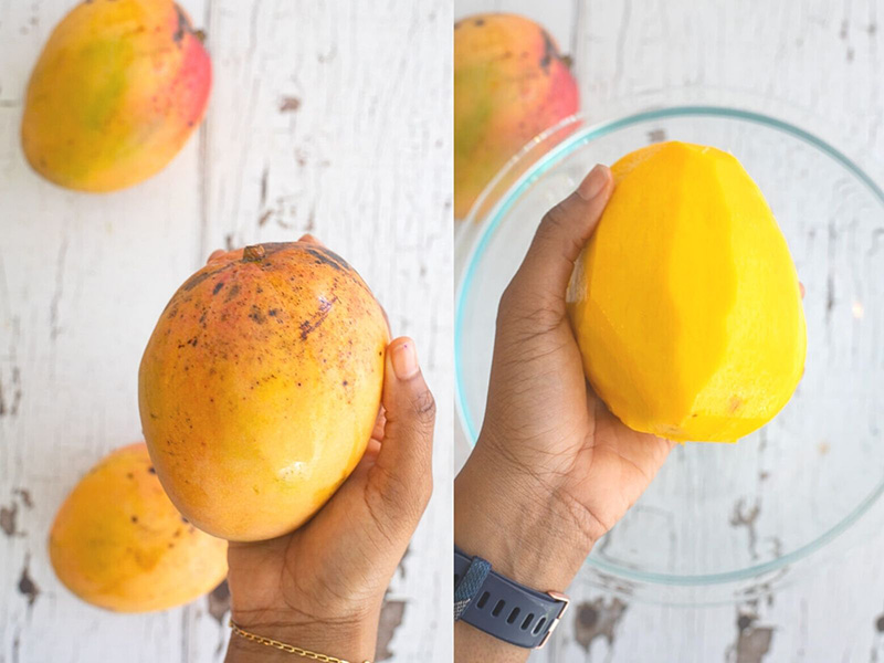 A collage of images of mango with the skin on and then the mango peeled.