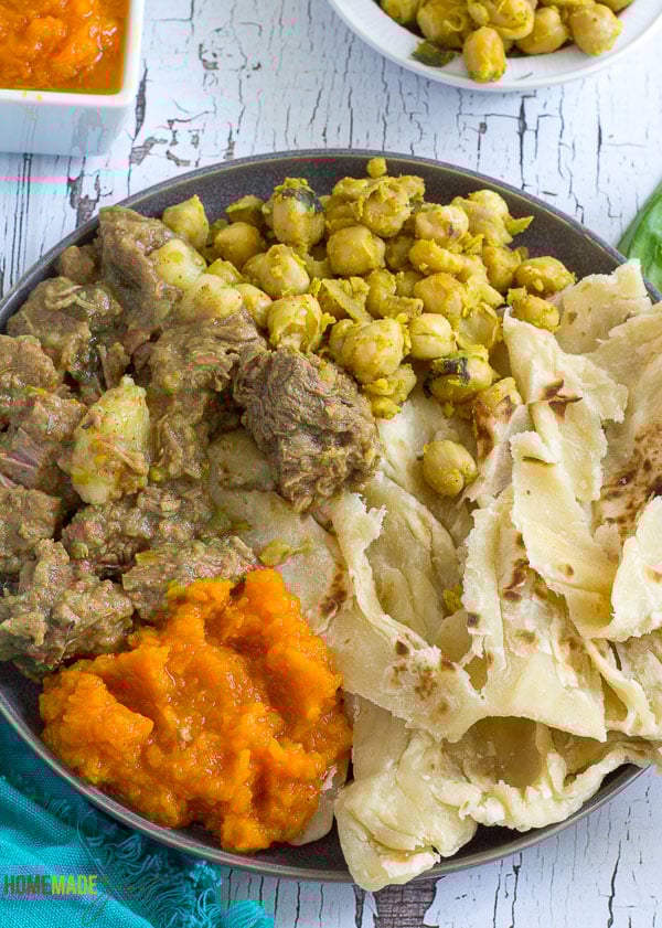 Close up of what to eat with curry beef. Pumpkin and curry channa with curry beef