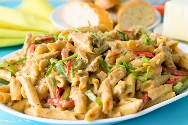side view of rasta pasta in a white plate