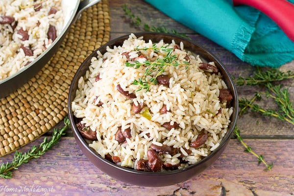 A bowl of rice and red kidney beans.