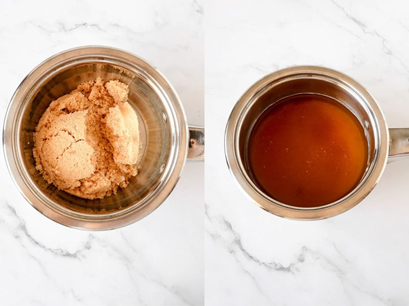 Two images showing the making of simple syrup from with the sugar dissolving in the water.