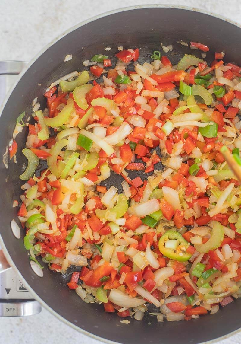 Vegetables sautéd in oil prior to adding saltfish to the pot.