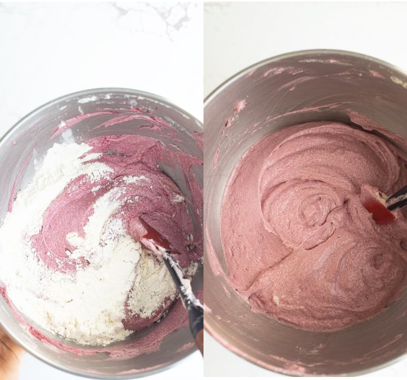 Two step process of alternating sorrel juice and flour into cake batter.