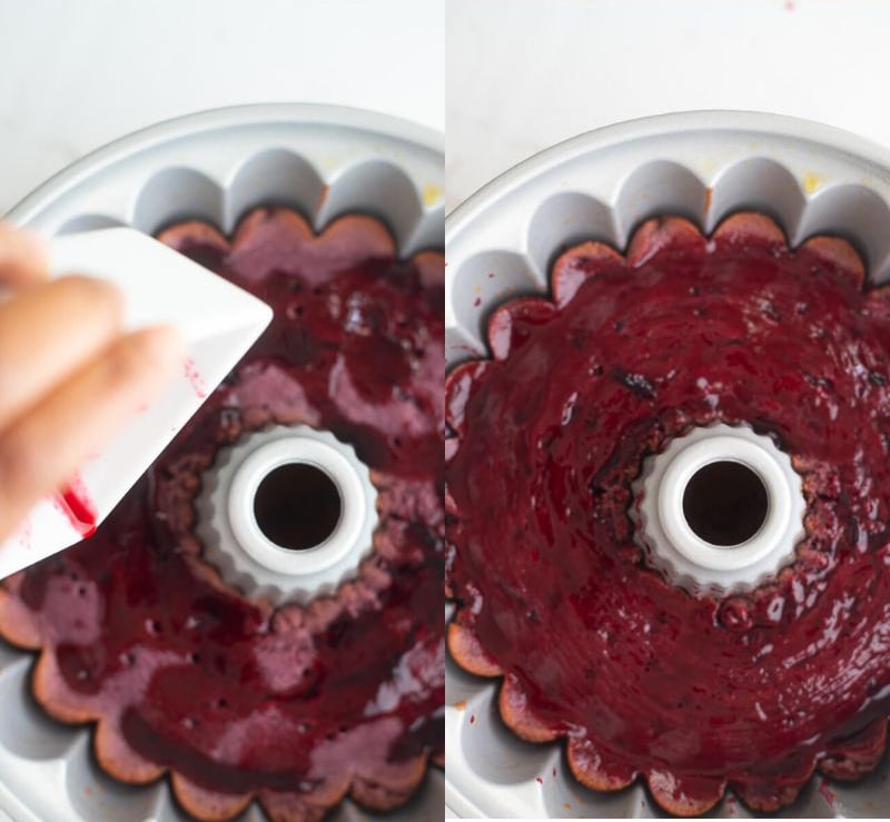 Adding sorrel glaze to cake from a white bowl