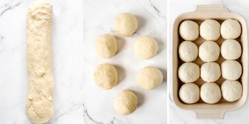 Hops dough in a log then portioned into segments then placed in a greased dish on a white background.