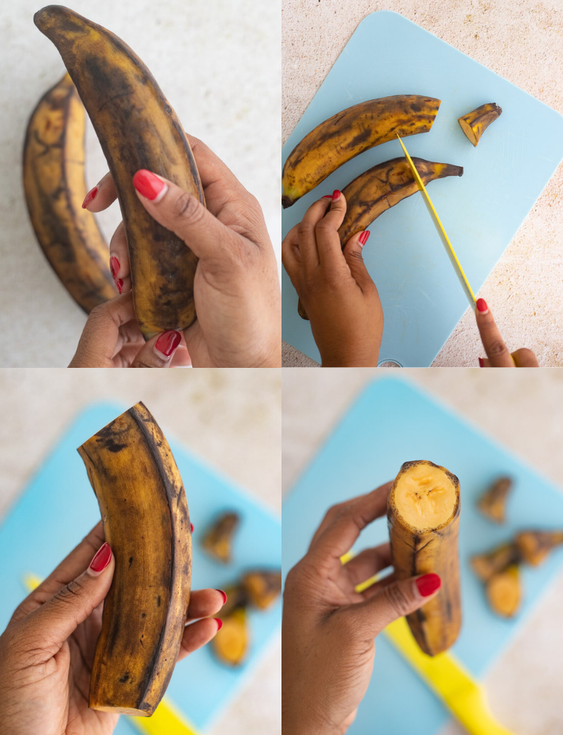 Step by step pictures of how to cut and put plantains to boil.
