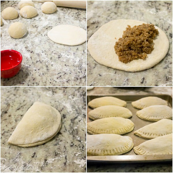 A pic of the step by step process to fill coconut tarts.
