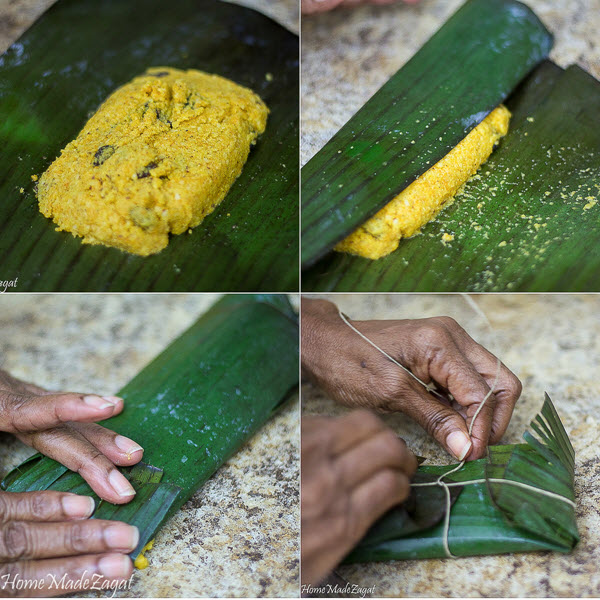 Steps for wrapping paime in banana leaf.