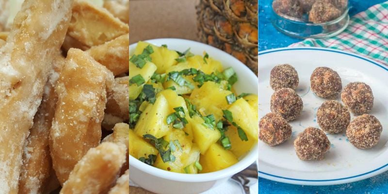 A collage of snacks from Trinidad and Tobago including kurma, pineapple chow and tamarind balls.