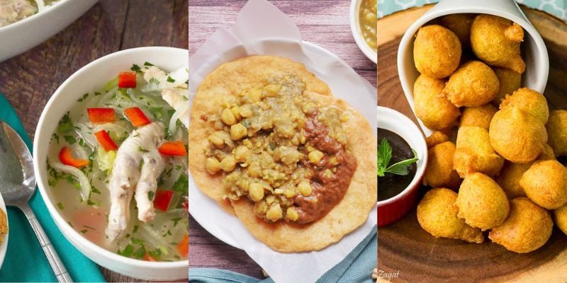 Collage of images for appetizers with souse, doubles and pholourie.