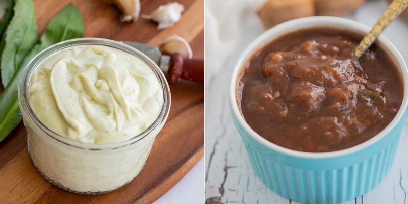 A collage of condiments including garlic sauce and chado beni sauce.