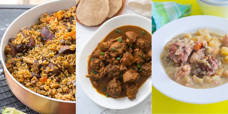 Pictures of Trinidad and Tobago foods including pelau, curry stew chicken and oil down.