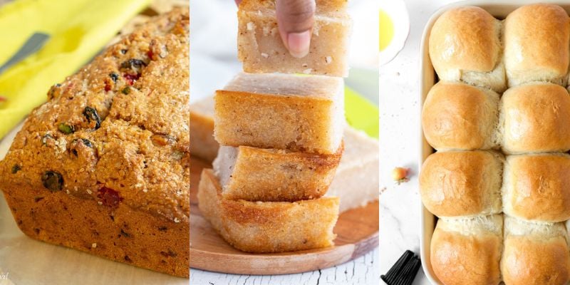 A group of cakes and breads from Trinidad and Tobago: sweet bread, cassava pone and hops.