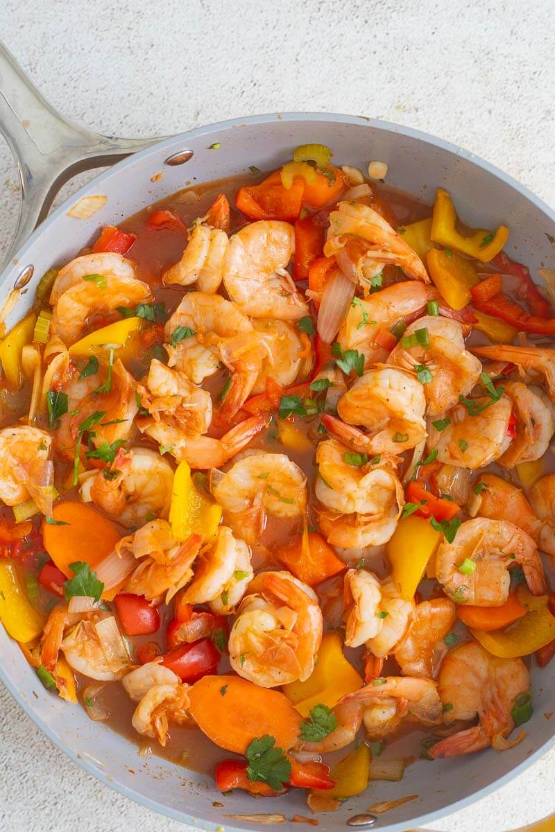 Finished dish of pepper shrimp just off the stove.