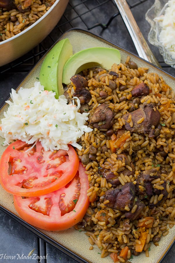 A delicious plate of Trinidad chicken pelau.