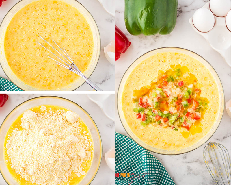 Mixing eggs with jiffy corn mix, then corn mixture and vegetables