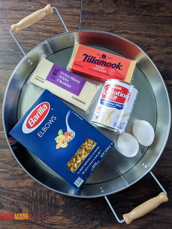 Ingredients needed to make Caribbean macaroni pie.