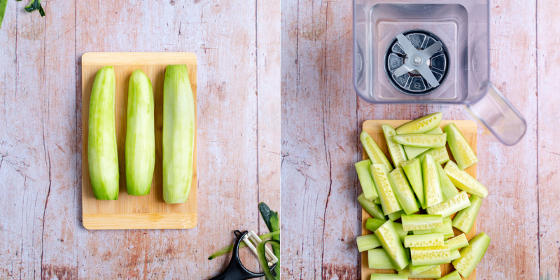 Whole chopped cucumbers then chopped up into chunks to prepare for blender.