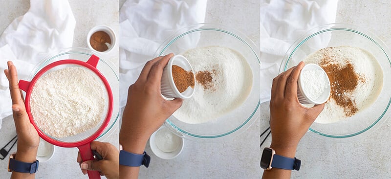 Step by step process of sifting flour, adding baking powder and adding spices.