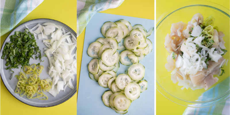 Step by step process of adding the fresh aromatics and cucumber to the bowl with the cow heel.