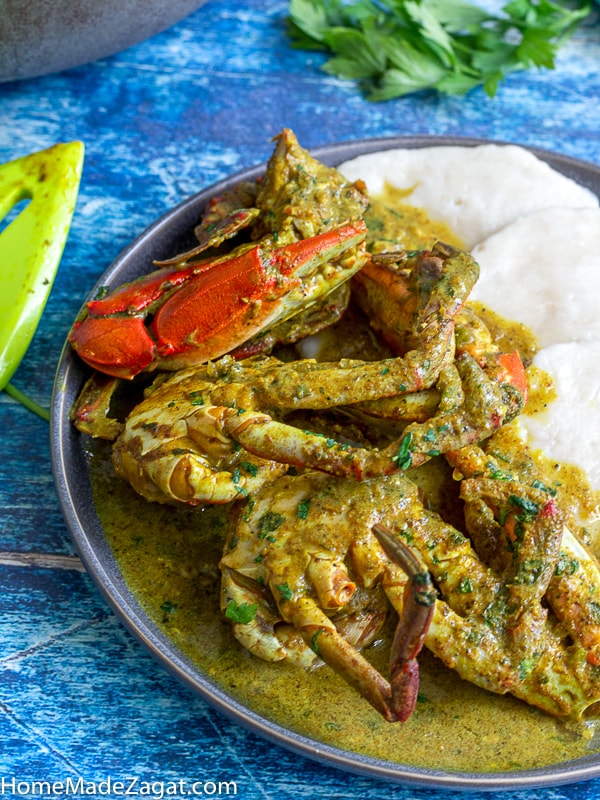 Plate of curry blue crab with dumplings