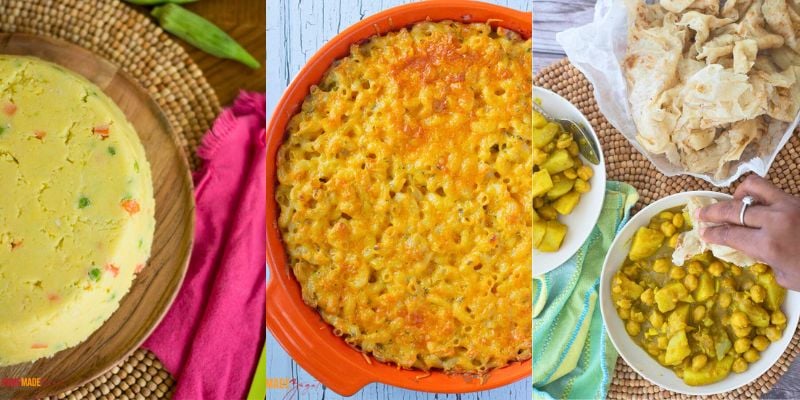 A collage of foods from Trinidad and Tobago that include coo coo, macaroni pie and curry aloo and channa.