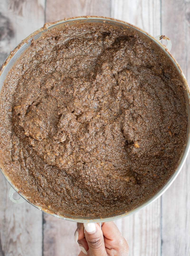Combined cake batter with all ingredients in the mixing bowl.