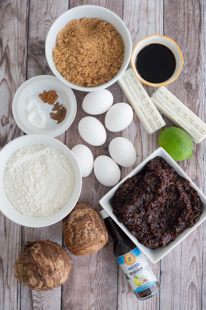The main ingredients for making dasheen black cake.