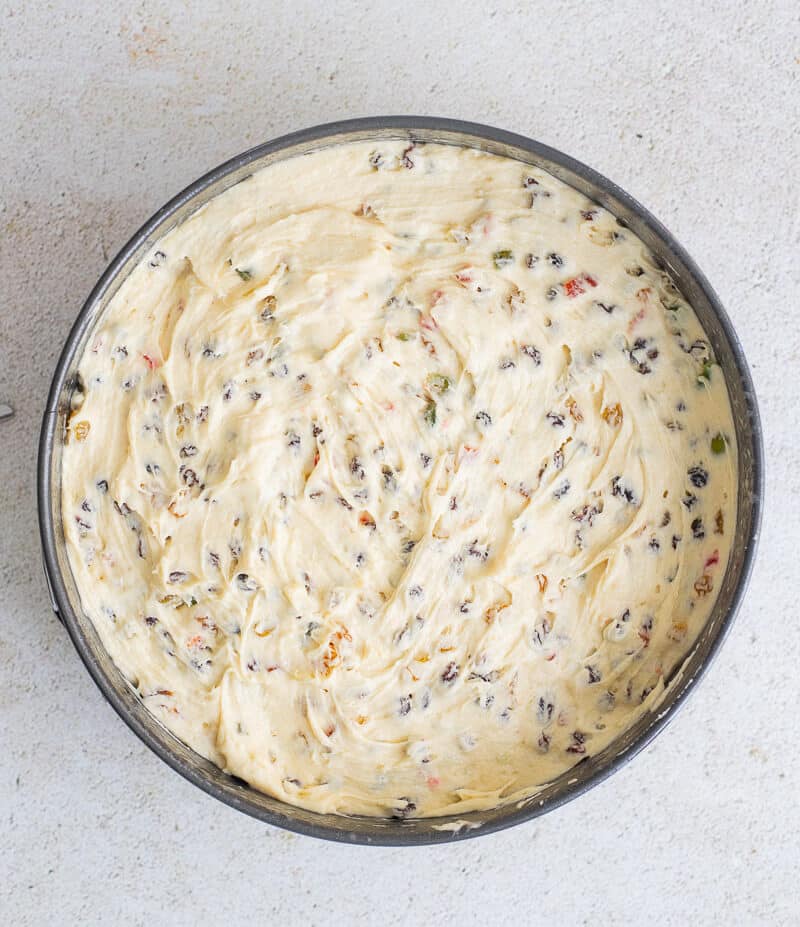 Dundee cake batter in springform pan.