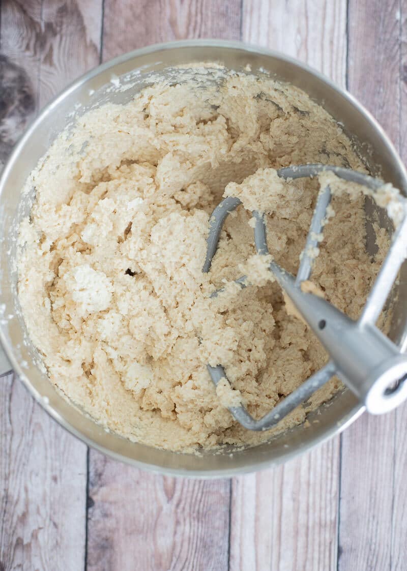 Cake batter with grated dasheen added into mixing bowl.