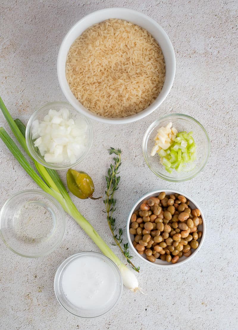 Ingredients laid out on an off white counter top.